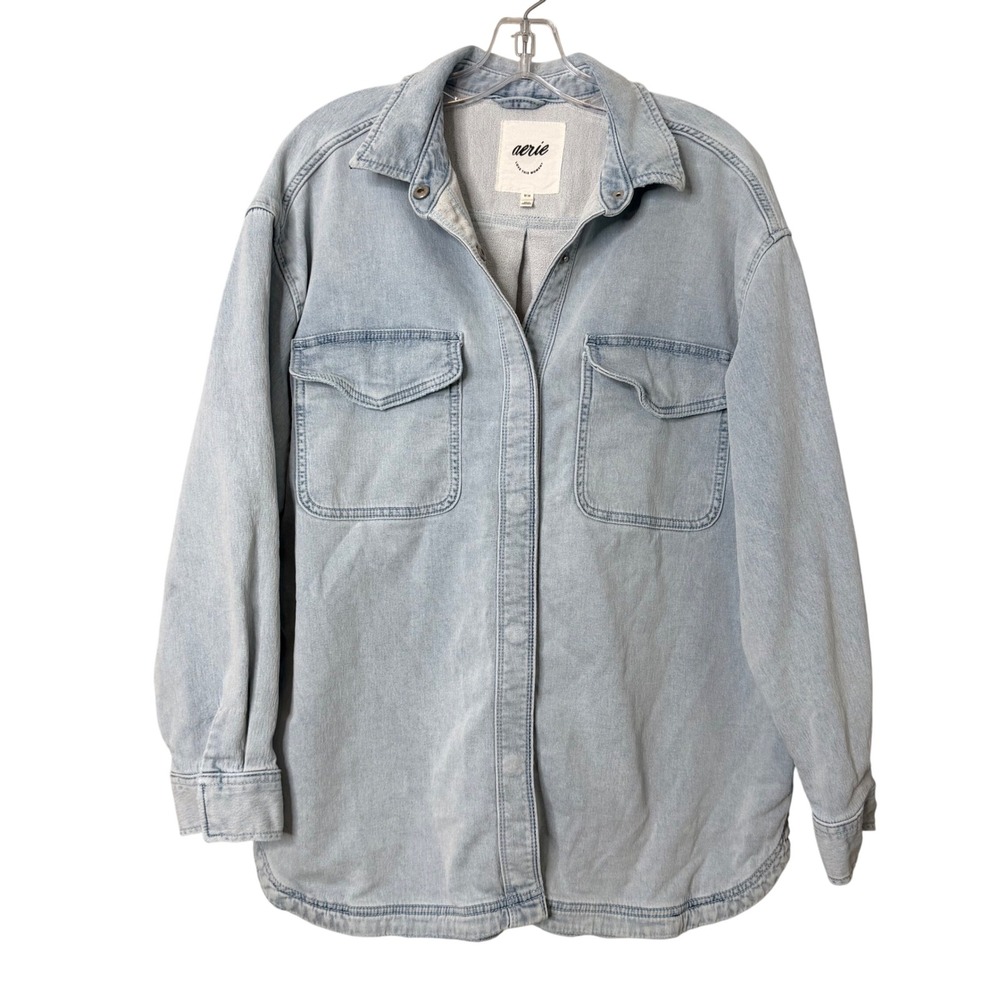 Aerie Denim Shacket Women Medium Light Blue Oversized Soft Button Down Jacket